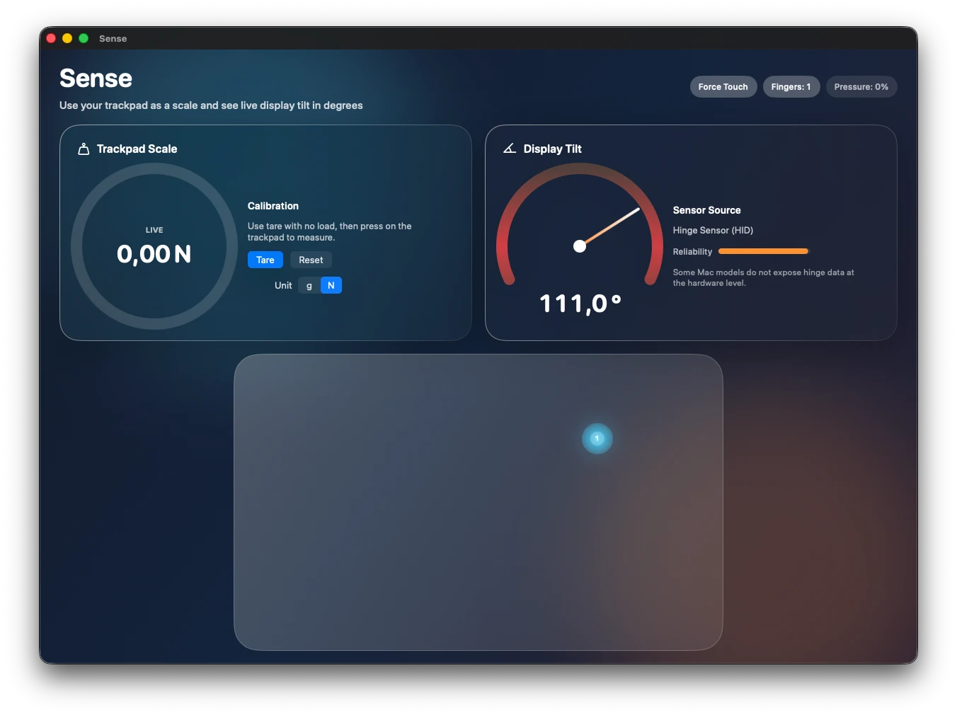 Sense app at rest — trackpad scale shows zero force