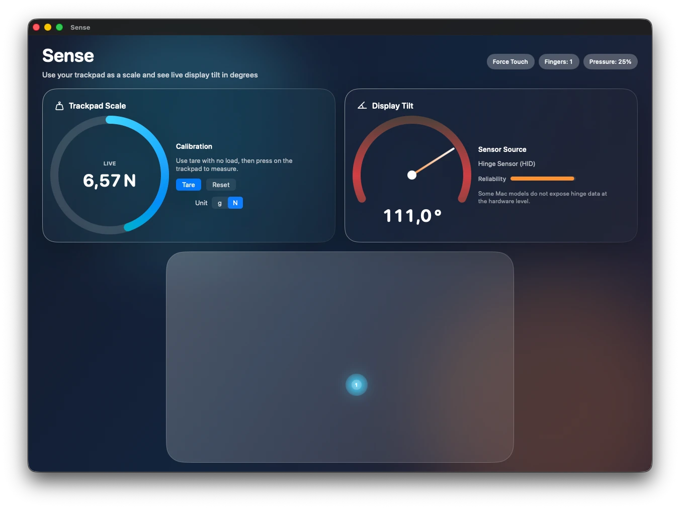 Sense app measuring light trackpad pressure — 6.57 N