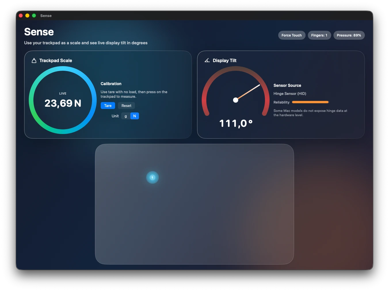 Sense app showing active trackpad pressure — 23.69 N